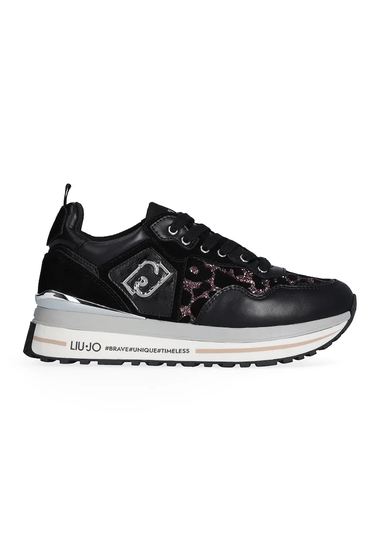 Pantofi sport de piele cu model si particule stralucitoare, Negru/Roz