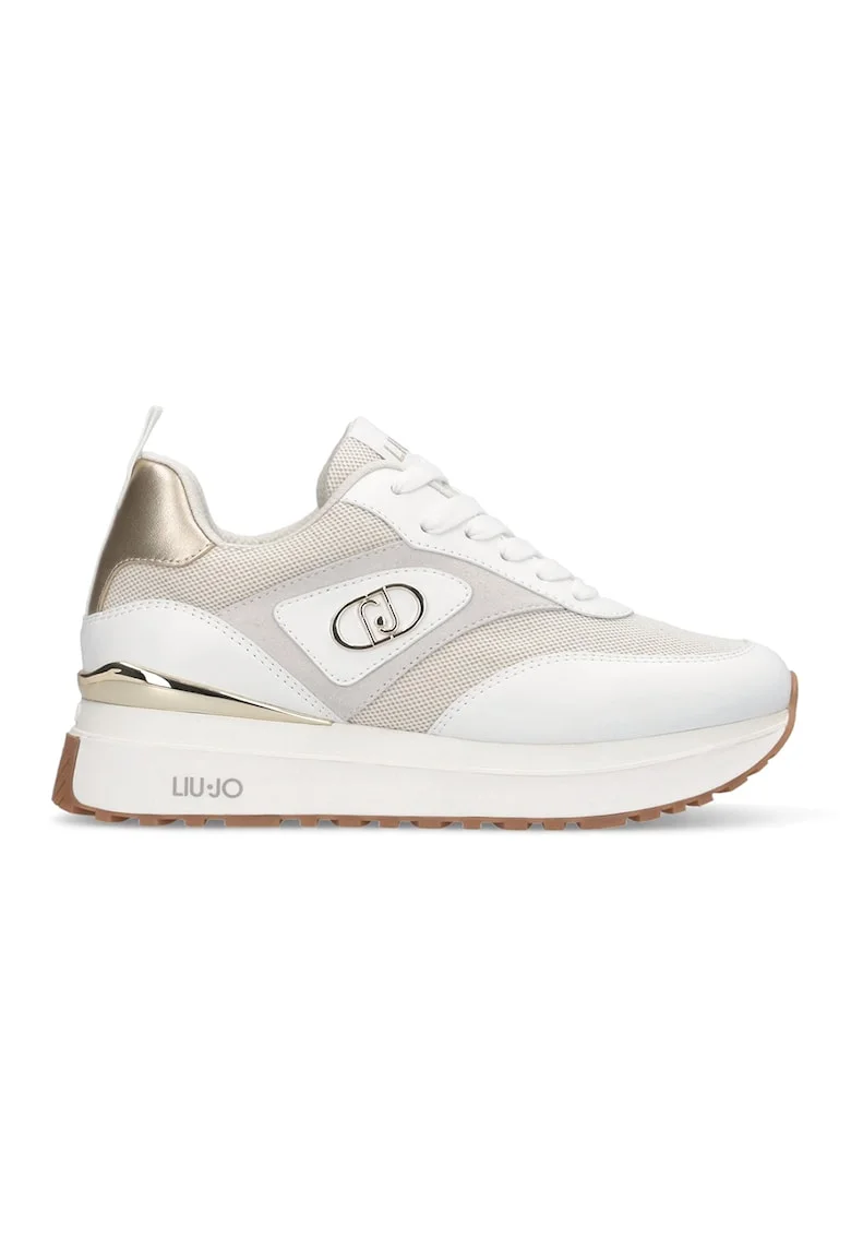 Pantofi sport cu talpa wedge si garnituri din piele, Alb/Bej deschis