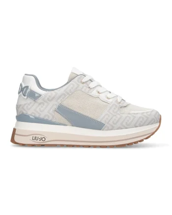 Pantofi sport low-cut cu model monograma, Alb/Albastru prafuit