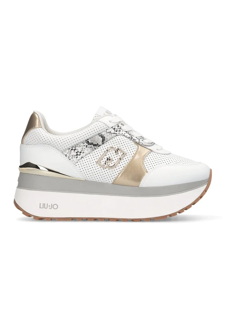 Pantofi sport din piele si piele ecologica cu talpa flatform si garnituri cu aspect metalizat, Alb/Auriu