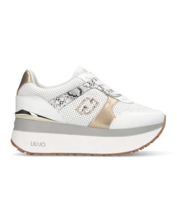 Pantofi sport din piele si piele ecologica cu talpa flatform si garnituri cu aspect metalizat, Alb/Auriu