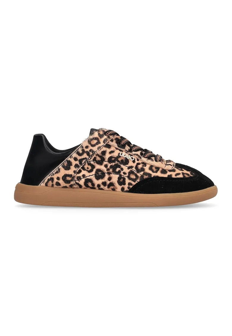 Pantofi sport din piele ecologica si piele intoarsa cu model animal print, Negru/Bej deschis