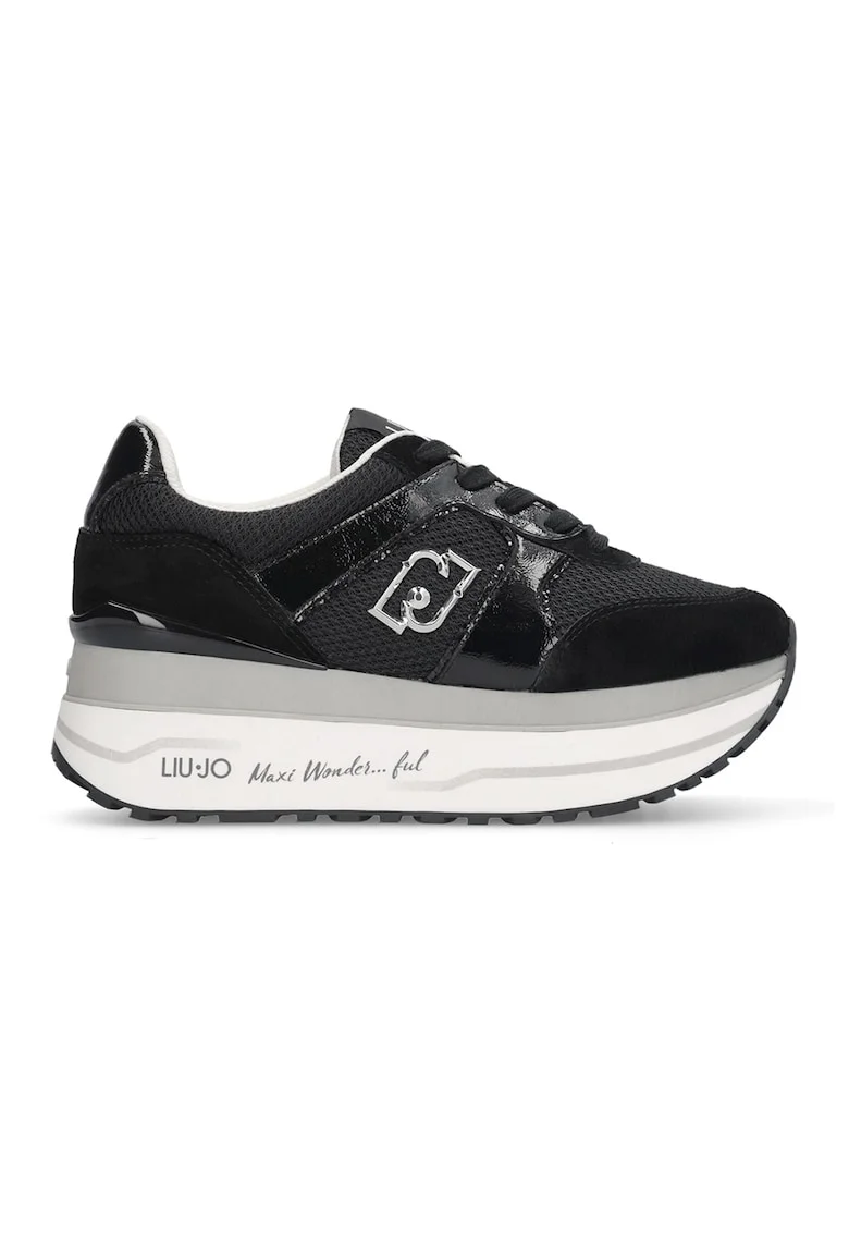 Pantofi sport din plasa cu talpa flatform si garnituri din piele intoarsa, Negru