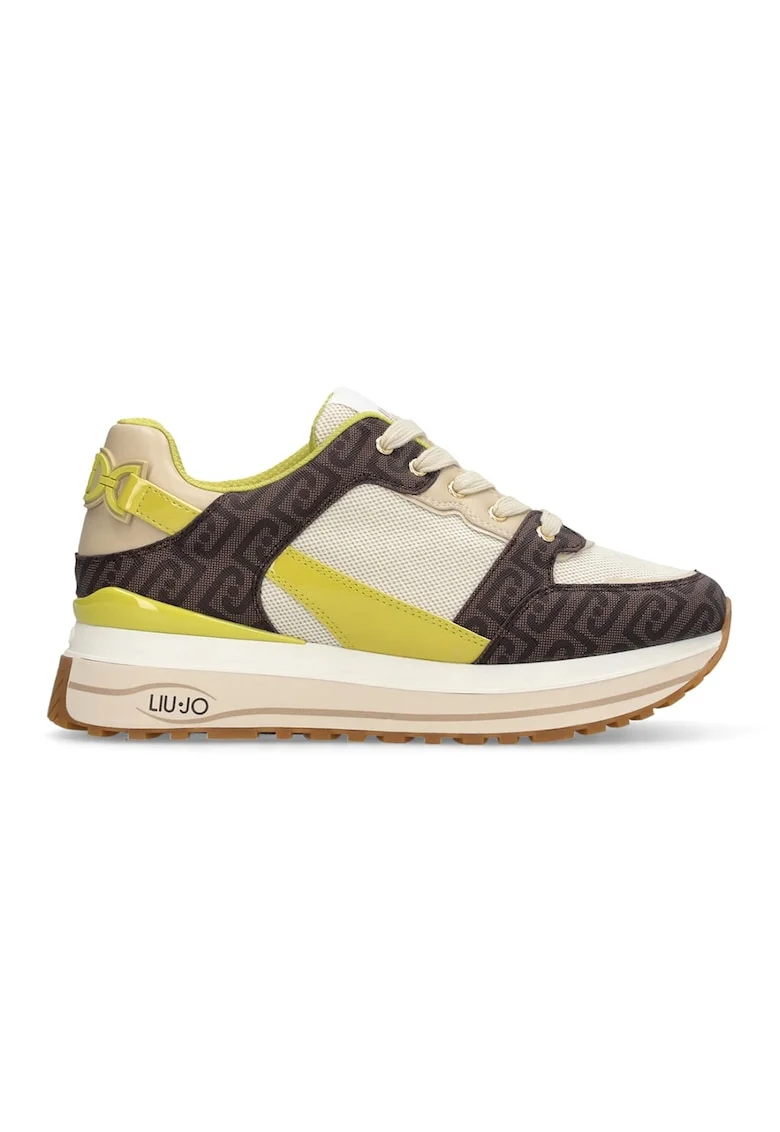 Pantofi sport low-cut cu model monograma, Verde lime/Crem/Maro pamantiu