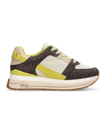 Pantofi sport low-cut cu model monograma, Verde lime/Crem/Maro pamantiu