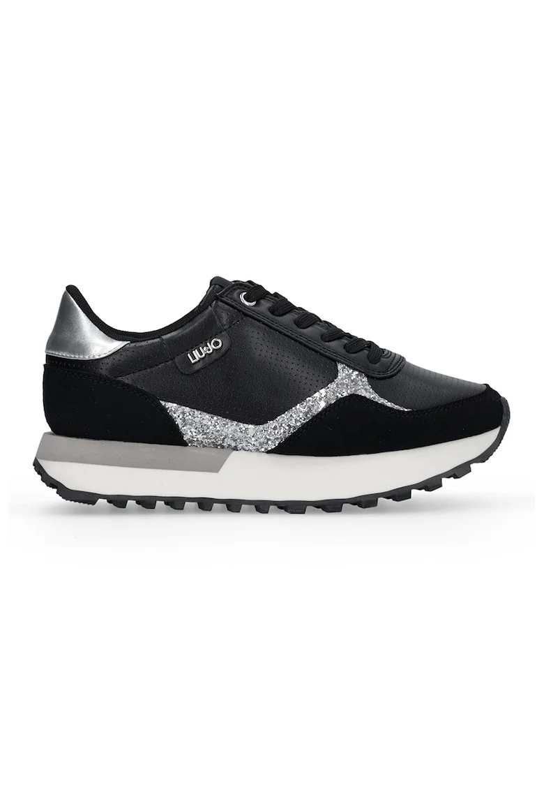 Pantofi sport de piele ecologica cu detaliu stralucitor, Negru/Alb murdar/Argintiu