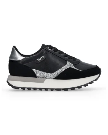 Pantofi sport de piele ecologica cu detaliu stralucitor, Negru/Alb murdar/Argintiu