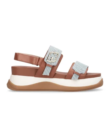 Sandale flatform cu model monograma, Albastru prafuit/Caramel/Alb murdar