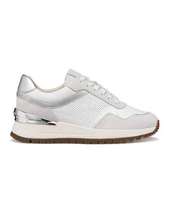 Pantofi sport din piele si piele intoarsa cu talpa wedge, Crem/Argintiu