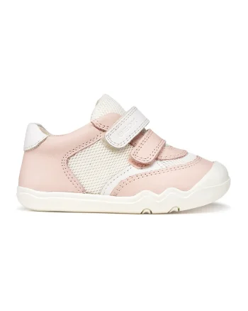 Pantofi sport cu piele nappa si velcro, Roz prafuit deschis/Alb murdar
