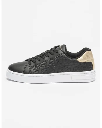 Pantofi sport de piele ecologica cu model monograma, Auriu/Negru