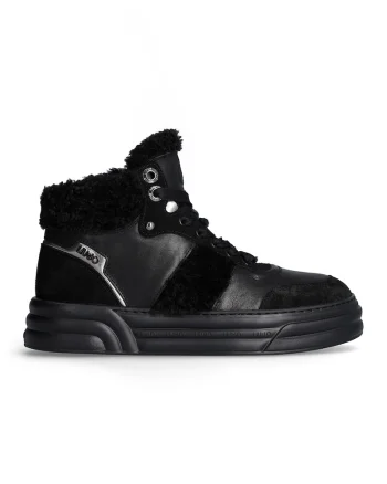 Pantofi sport mid-high de piele si piele intoarsa cu garnituri de blana sheraling sintetica, Negru