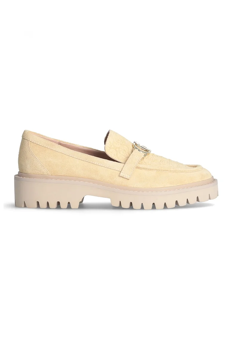 Pantofi loafer de piele intoarsa cu aplicatie metalica, Maro nisip