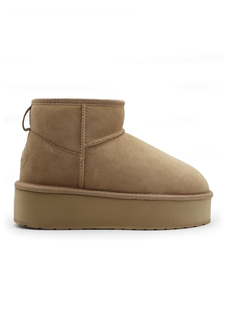 Cizme flatform de piele intoarsa, fara inchidere Stinger, Maro nisip