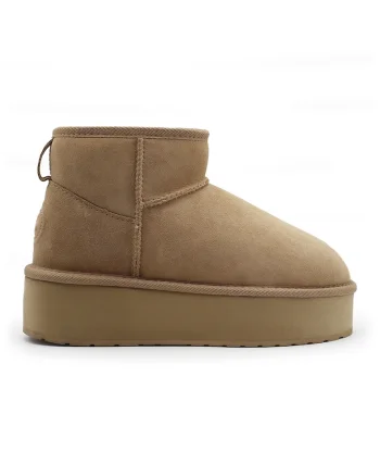 Cizme flatform de piele intoarsa, fara inchidere Stinger, Maro nisip