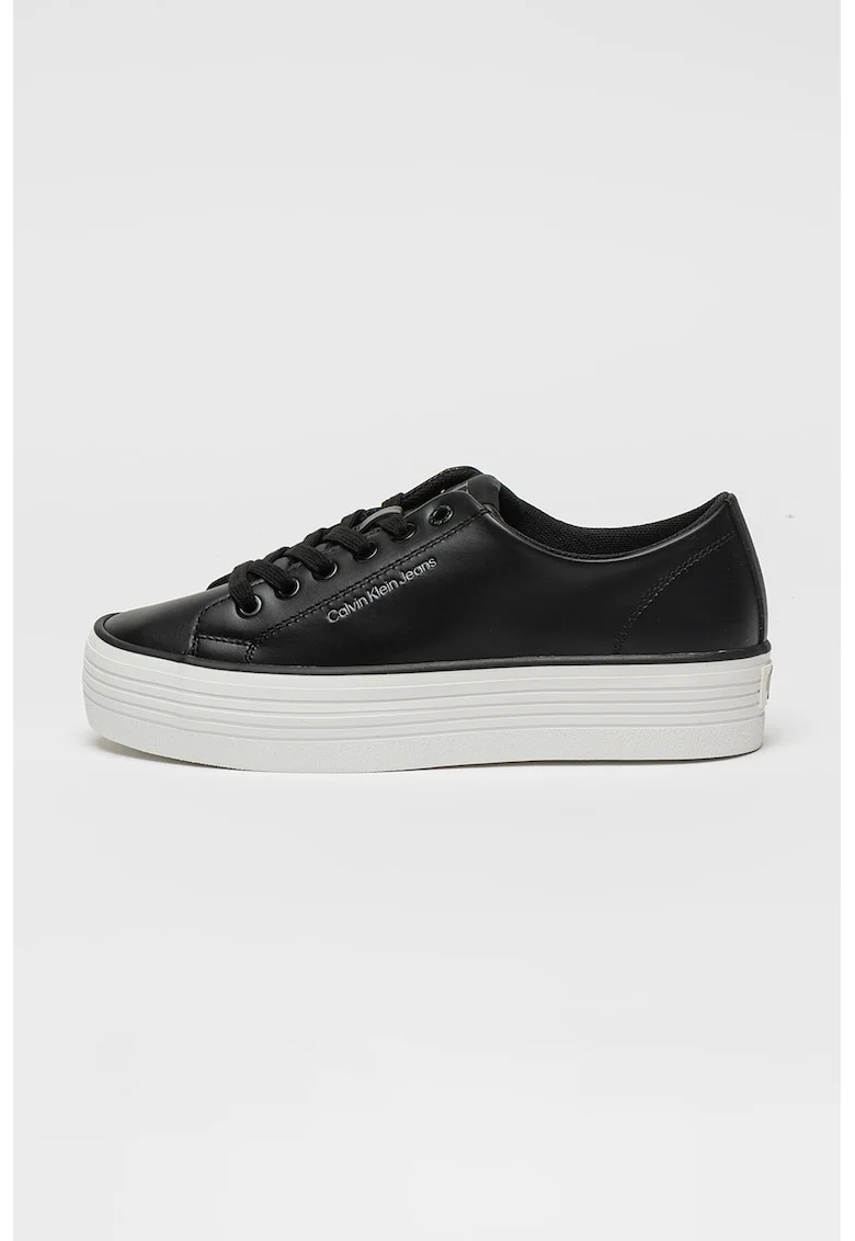 Pantofi sport din piele cu talpa flatform, Alb fildes/Negru stins