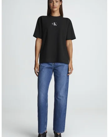 Tricou de bumbac cu decolteu la baza gatului si logo, Negru
