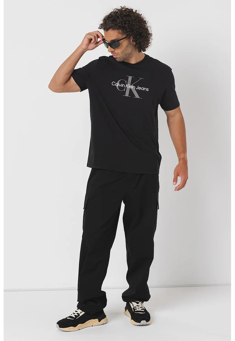 Tricou de bumbac cu imprimeu logo, Alb/Negru/Gri inchis