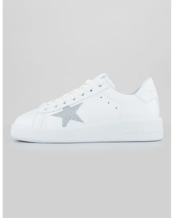 Pantofi sport de piele cu particule stralucitoare, Alb/Argintiu