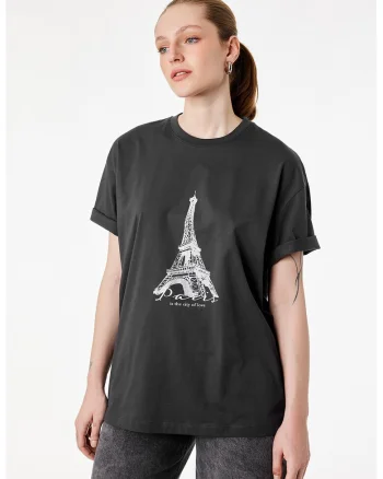 Tricou cu decolteu la baza gatului si imprimeu grafic, Gri inchis