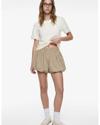 Tricou din bumbac cu maneci brodate, Crem