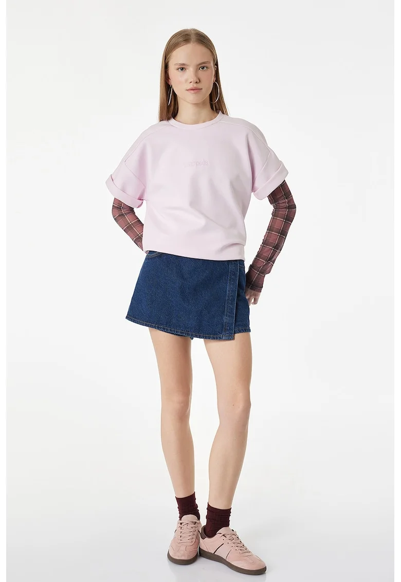 Tricou supradimensionat cu broderie text, Roz deschis