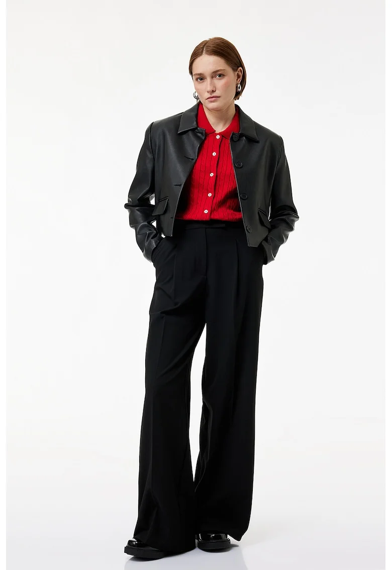 Pantaloni palazzo cu buzunare cu refilet pe partea din spate, Negru