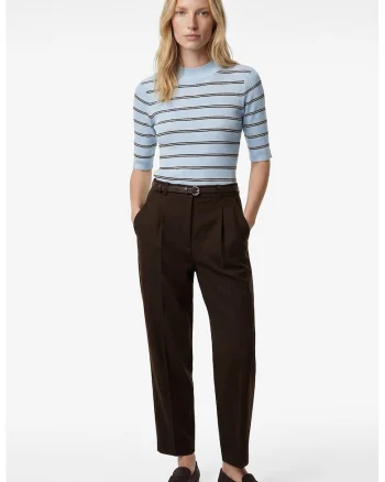 Pantaloni crop cu talie inalta si curea, Maro pamantiu
