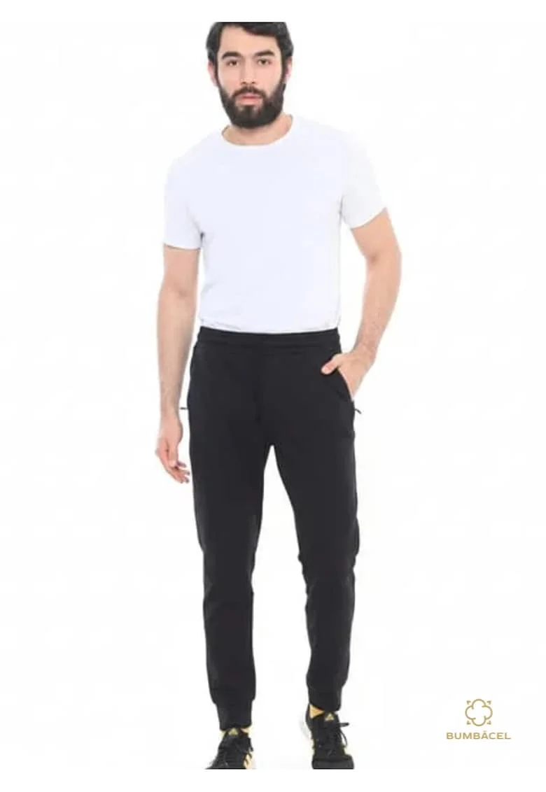 Pantaloni sport cu siret si manseta elastica, din bumbac, pentru barbati, Negru