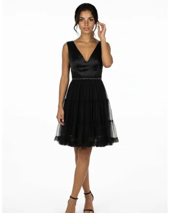 Rochie midi din tul si tafta Francisca, Negru