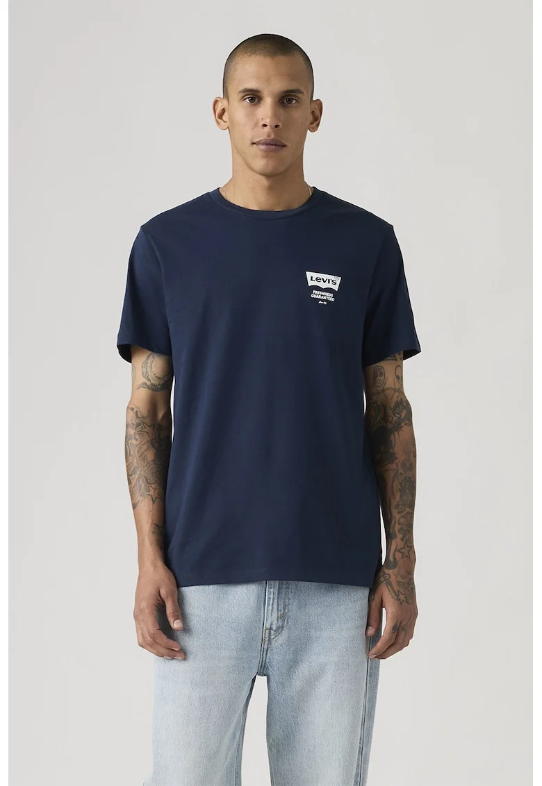 Tricou din bumbac cu decolteu la baza gatului si logo, Alb/Albastru pastel