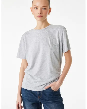 Tricou lejer cu imprimeu text, Gri deschis
