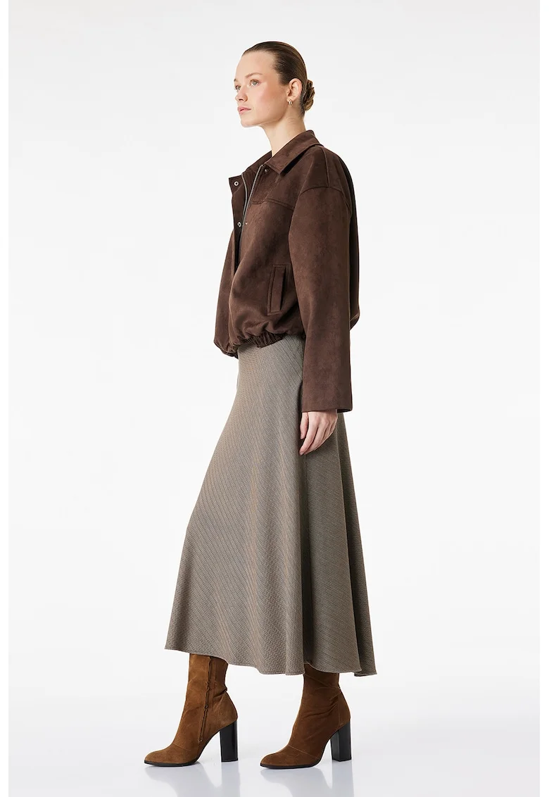 Fusta midi cu croiala pe bie si model herringbone, Maro taupe