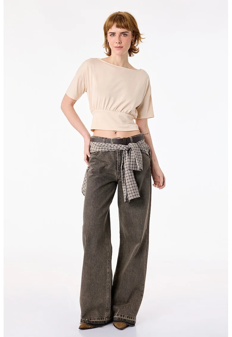 Tricou crop cu maneci cazute si talie elastica, Bej