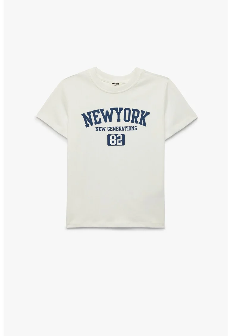 Tricou cu imprimeu text, Alb fildes/Albastru