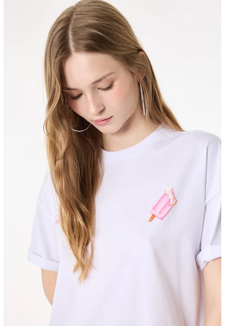 Tricou din bumbac cu imprimeu pe partea din spate, Alb murdar
