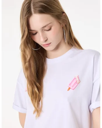 Tricou din bumbac cu imprimeu pe partea din spate, Alb murdar