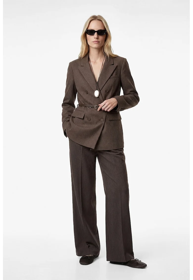 Pantaloni cu talie inalta si model in dungi, Maro inchis