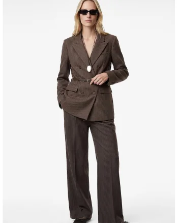 Pantaloni cu talie inalta si model in dungi, Maro inchis