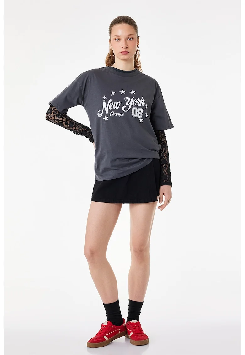 Tricou lejer cu maneci cazute, Gri inchis
