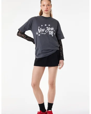 Tricou lejer cu maneci cazute, Gri inchis