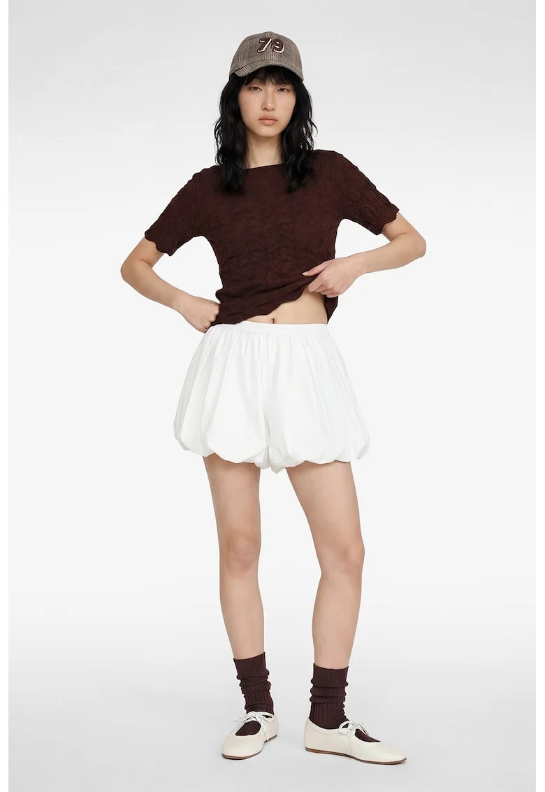 Tricou texturat cu decolteu barcuta, Maro pamantiu