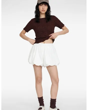 Tricou texturat cu decolteu barcuta, Maro pamantiu