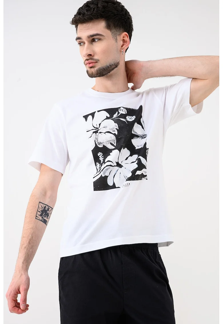 Tricou de bumbac organic cu imprimeu floral Lucas, Alb/Negru