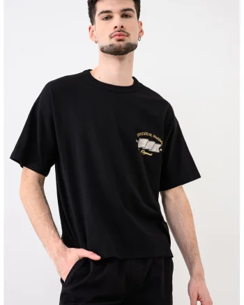 Tricou cu imprimeu pe piept Jorupstate, Negru/Maro camel