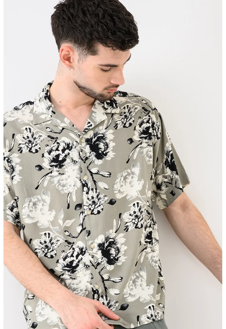 Camasa cu model floral Jeff, Alb/Negru/Gri cenusiu