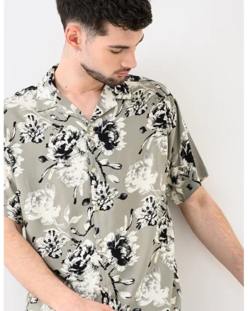 Camasa cu model floral Jeff, Alb/Negru/Gri cenusiu