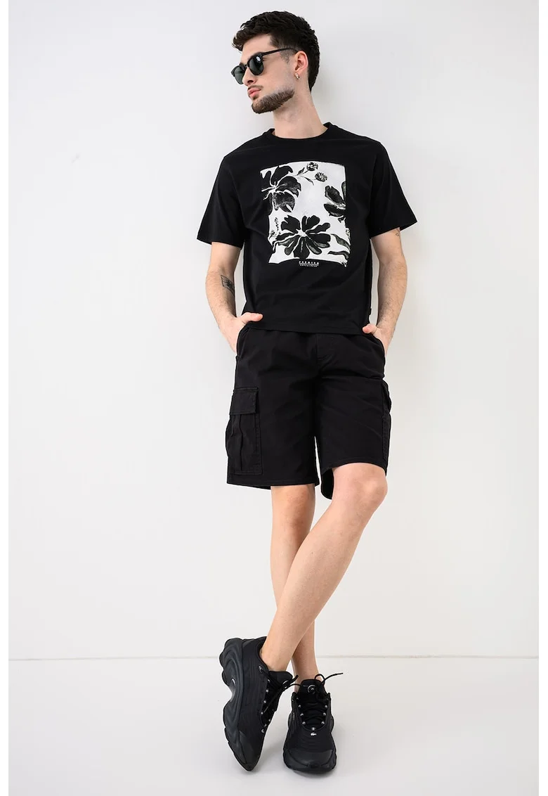 Tricou de bumbac organic cu imprimeu floral Lucas, Negru/Gri deschis