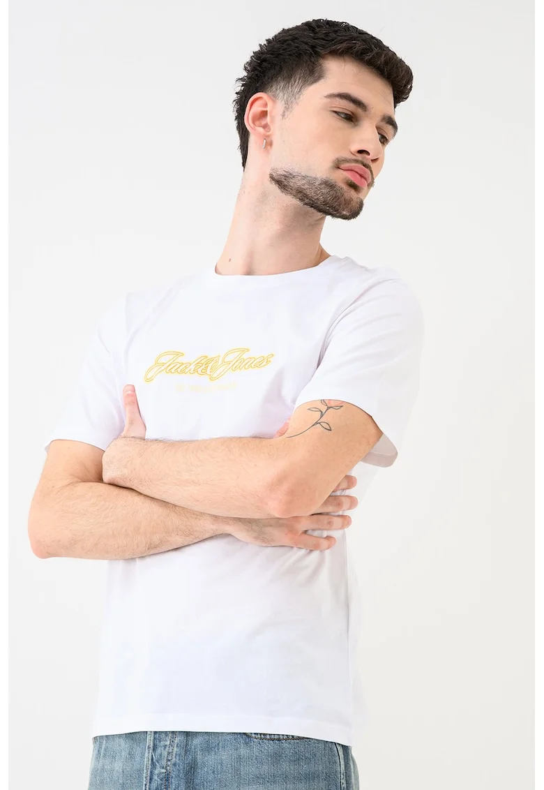 Tricou de bumbac organic cu decolteu la baza gatului Jorcatskills, Alb/Portocaliu