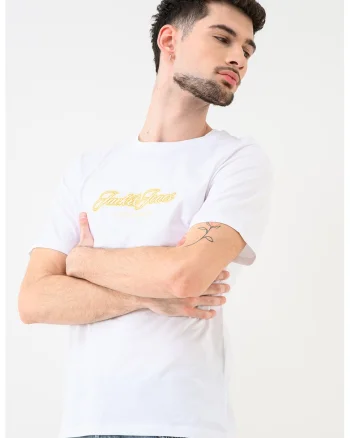 Tricou de bumbac organic cu decolteu la baza gatului Jorcatskills, Alb/Portocaliu